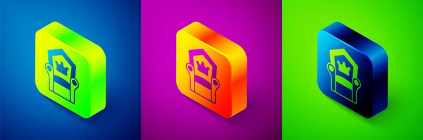 Isometric Medieval throne icon isolated on blue, purple and green background. Square button. Vector — Stock Vector