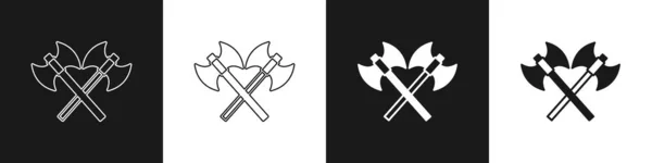 Conjunto Cruzado ícone machados medievais isolado em fundo preto e branco. Machado de batalha, machado carrasco. Arma medieval. Vetor — Vetor de Stock