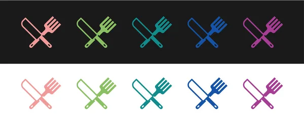 Set Crossed kniv och gaffel ikon isolerad på svart och vit bakgrund. Bestick symbol. Vektor — Stock vektor