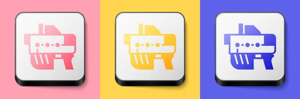 Isometric Futuristic space gun blaster icon isolated on pink, yellow and blue background. Laser Handgun. Alien Weapon. Square button. Vector — Stock Vector