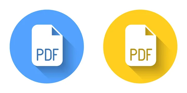 ホワイトPDFファイル文書。長い影の背景で隔離されたPDFボタンのアイコンをダウンロードします。PDFファイルのシンボル。丸ボタン。ベクトル — ストックベクタ