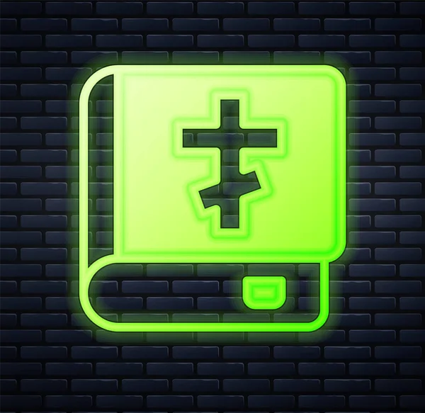 Glowing neon Holy bible book icon isolated on brick wall background. Vector — Stock Vector