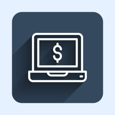 Dolar simgesine sahip beyaz çizgi dizüstü bilgisayar uzun gölge arkaplanlı. Dünyanın her yerine para göndermek, para transferi, online bankacılık, finansal işlemler. Mavi kare düğme. Vektör