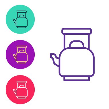 Kettle satırını beyaz arkaplanda izole edilmiş tutuş simgesi ile ayarla. Çaydanlık ikonu. Simgeleri renklendirin. Vektör