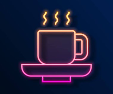 Parlayan neon hattı kahve fincanı simgesi siyah arka planda izole edilmiş. Çay fincanı. Sıcak içecek kahvesi. Vektör
