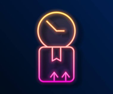 Parlak neon çizgili karton kutu ve hızlı dağıtım simgesi siyah arkaplanda izole edildi. Kutu, paket, paket işareti. Teslimat ve ambalaj. Vektör