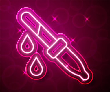 Parlayan neon hattı Pipette simgesi kırmızı arkaplanda izole edildi. Tıbbi elementler, kimya laboratuarı ekipmanları. Tıp sembolü. Vektör