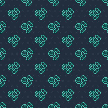 Yeşil çizgi ilaç ya da tablet ikonu mavi arka planda izole edilmiş pürüzsüz desen. Kapsül hapı ve uyuşturucu işareti. Eczane tasarımı. Vektör