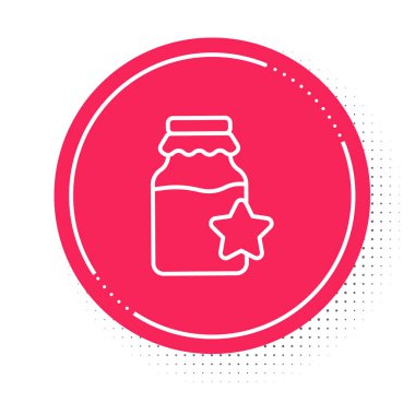 Beyaz arkaplanda izole edilmiş bal ikonu beyaz çizgi kavanozu. Yiyecek bankası. Tatlı doğal gıda sembolü. Kırmızı daire düğmesi. Vektör