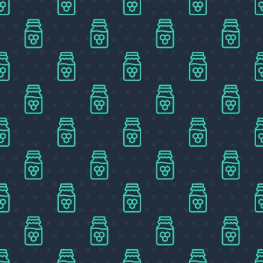 Bal simgesinin yeşil çizgi kavanozu mavi arkaplandaki pürüzsüz deseni izole etti. Yiyecek bankası. Tatlı doğal gıda sembolü. Vektör