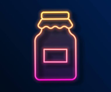 Parlayan neon hattı bal ikonu kavanozu siyah arkaplanda izole edildi. Yiyecek bankası. Tatlı doğal gıda sembolü. Vektör