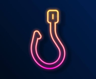 Parlayan neon hattı. Balıkçı kancası simgesi siyah arkaplanda izole edildi. Balık oltası. Vektör