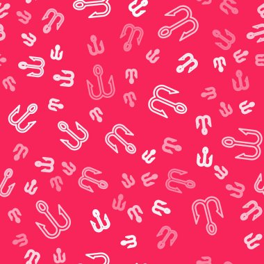 Beyaz çizgili olta kancası simgesi kırmızı zeminde izole edilmiş. Balık oltası. Vektör