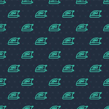 Yeşil çizgi elektrik ikonu mavi arkaplanda kusursuz desen izole etti. Buhar ütüsü. Vektör