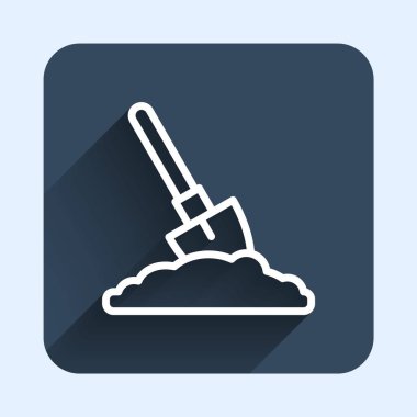 Yer ikonundaki beyaz çizgi küreği uzun gölgeli arka planda izole edilmiş. Bahçe aletleri. Bahçecilik, tarım, çiftçilik aleti. Mavi kare düğme. Vektör