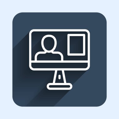 Beyaz çizgi çevrimiçi sınıf simgesi uzun gölge arkaplanı ile izole edildi. Çevrimiçi eğitim kavramı. Mavi kare düğme. Vektör