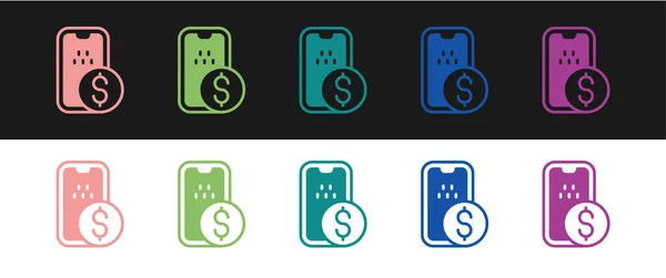 Set Icono de banca móvil aislado sobre fondo blanco y negro. Transferir dinero a través de la banca móvil en la pantalla del teléfono móvil. Vector — Archivo Imágenes Vectoriales