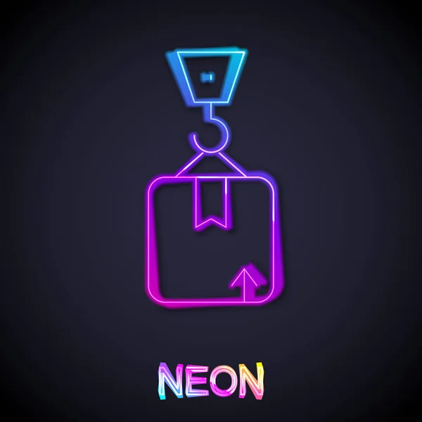 Glowing neon line Crane with carton cardboard box icon isolated on black background. Crane lifts a container with cargo. Vector — Stockový vektor