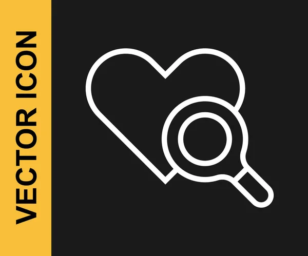 Línea blanca Icono de inspección médica del corazón aislado sobre fondo negro. Búsqueda de lupa cardíaca. Vector — Vector de stock