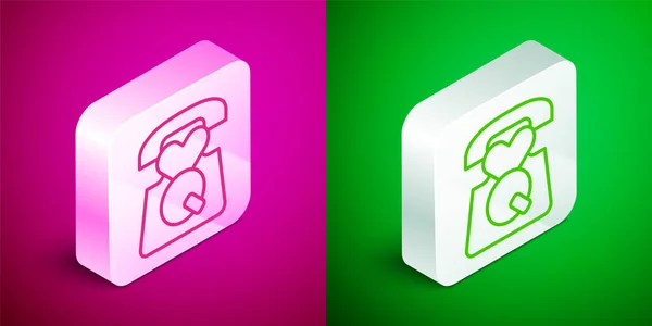 Isometric line Telephone with emergency call 911 icon isolated on pink and green background. Police, ambulance, fire department, call, phone. Silver square button. Vector — Stock Vector