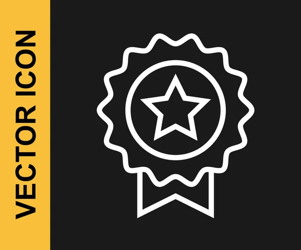 Medalla de línea blanca con icono de estrella aislado sobre fondo negro. Signo de logro del ganador. Medalla de premio. Vector — Archivo Imágenes Vectoriales