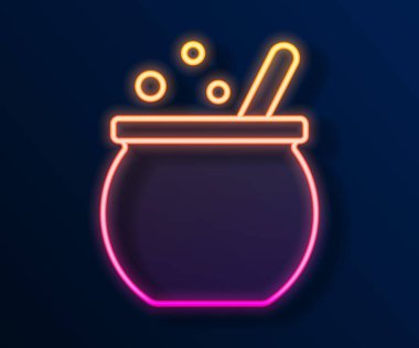 Parlayan neon hattı cadılar bayramı cadı kazanı simgesi siyah arka planda izole edildi. Mutlu Cadılar Bayramı Partisi. Vektör