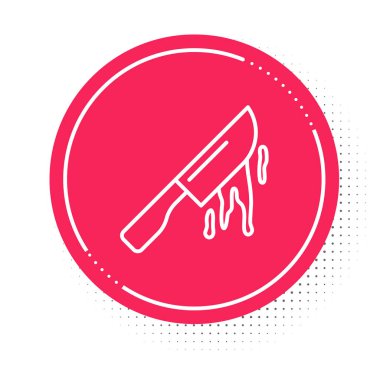 Beyaz çizgili kanlı bıçak ikonu beyaz arkaplanda izole edilmiş. Çatal bıçak sembolü. Mutlu Cadılar Bayramı Partisi. Kırmızı daire düğmesi. Vektör