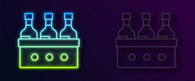 Siyah arka planda izole edilmiş ahşap bir kutuda parlayan neon şeritli şarap şişeleri. Tahta bir sandıkta şarap şişeleri. Vektör