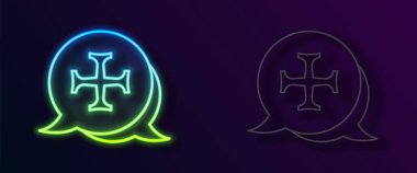 Parlayan neon hattı Haçlı Seferi simgesi siyah arka planda izole edildi. Vektör