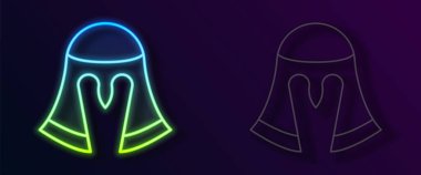 Siyah arka planda izole edilmiş baş koruma ikonu için parlayan neon hattı Ortaçağ demir miğferi. Şövalye miğferi Vektör