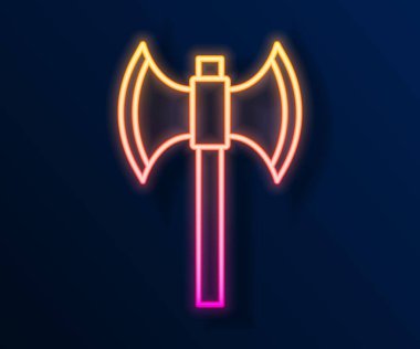 Parlayan neon hattı Ortaçağ kutup balta simgesi siyah arkaplanda izole edildi. Vektör