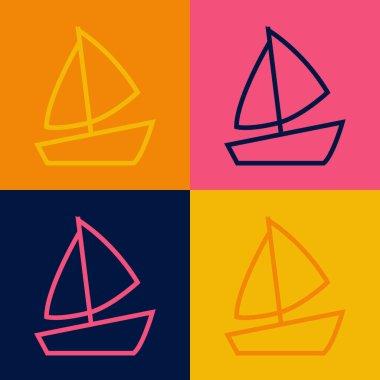 Pop Art Line Yacht yelkenli ya da yelkenli ikonu renkli arka planda izole edilmiş. Yelkenli deniz seyahati. Vektör