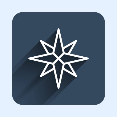 Beyaz çizgi rüzgar gül ikonu uzun gölge arkaplan izole. Seyahat için pusula simgesi. Navigasyon tasarımı. Mavi kare düğme. Vektör