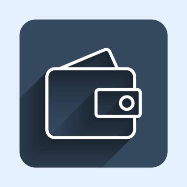 Beyaz çizgili cüzdan simgesi uzun gölgeli. Çanta ikonu. Nakit tasarruf sembolü. Mavi kare düğme. Vektör