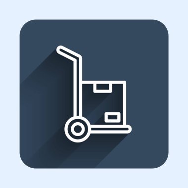 Beyaz çizgili el arabası ve uzun gölgeli kutu simgesi. Dolly sembolü. Mavi kare düğme. Vektör