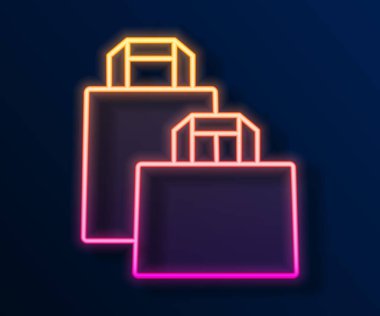 Parlayan neon hattı kağıt poşet ikonu siyah arka planda izole edildi. Paket işareti. Vektör