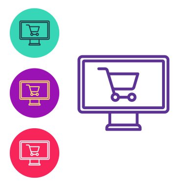 Hat alışveriş arabasını beyaz arkaplanda izole edilmiş monitör simgesine ayarla. Konsept e-ticaret, e-ticaret, online iş pazarlama. Simgeleri renklendirin. Vektör