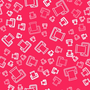 Mobil ikon üzerinde beyaz çizgi yiyecek siparişi kırmızı arka planda izole edilmiş pürüzsüz desen. Cep telefonuyla sipariş verin. Restoran yemek teslimatı konsepti. Vektör