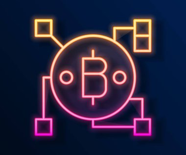 Parlayan neon hattı Blockchain teknolojisi Bitcoin simgesi siyah arkaplanda izole edildi. Soyut geometrik blok zincir ağ teknolojisi işi. Vektör