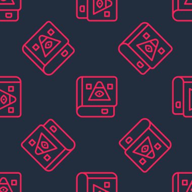 Kırmızı çizgi, simya tarifleri, mistik büyüler ve büyüler içeren Eskiler 'in sihirli kitabı. Siyah arka planda izole edilmiş kusursuz desen. Vektör