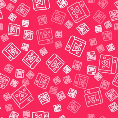 Beyaz çizgi üzerinde simya tarifleri, mistik büyüler ve büyü simgeleri olan Eskiler 'in sihirli kitabı kırmızı arka planda izole edilmiş kusursuz desen. Vektör