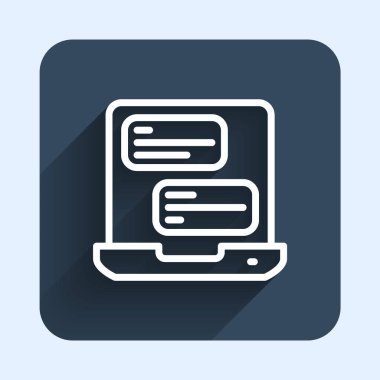 Beyaz çizgi Taksi mobil uygulama simgesi uzun gölge arkaplan izole. Mobil uygulama taksisi. Mavi kare düğme. Vektör