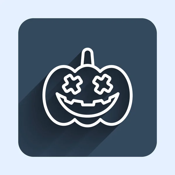 Línea blanca Icono de calabaza aislado con fondo de sombra largo. Feliz fiesta de Halloween. Botón cuadrado azul. Vector — Archivo Imágenes Vectoriales