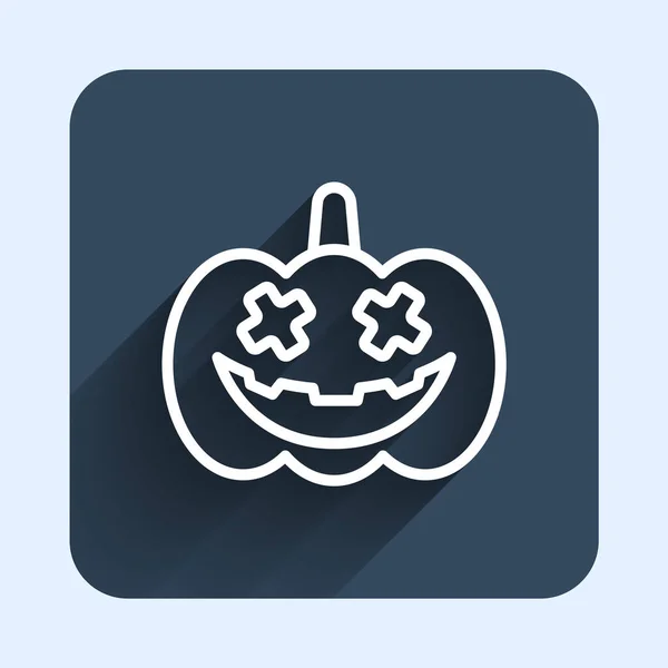 Línea blanca Icono de calabaza aislado con fondo de sombra largo. Feliz fiesta de Halloween. Botón cuadrado azul. Vector — Vector de stock