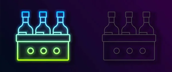 Leuchtende neonfarbene Weinflaschen in einer Holzkiste auf schwarzem Hintergrund. Weinflaschen in einer Holzkiste. Vektor — Stockvektor