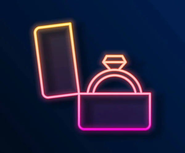 Leuchtender neonfarbener Diamant-Verlobungsring in einem Box-Symbol auf schwarzem Hintergrund. Vektor — Stockvektor