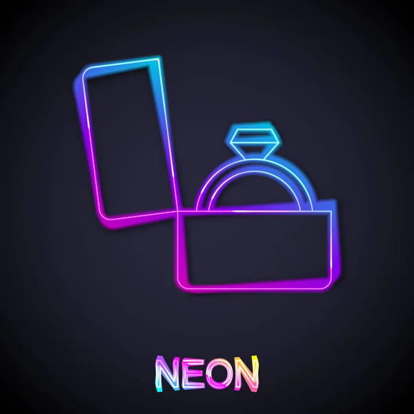 Ragyogó neon vonal Gyémánt eljegyzési gyűrű egy doboz ikon elszigetelt fekete háttérrel. Vektor — Stock Vector
