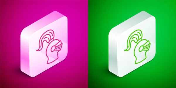 Isometric line Medieval iron helmet for head protection icon isolated on pink and green background. Knight helmet. Silver square button. Vector — Stock Vector