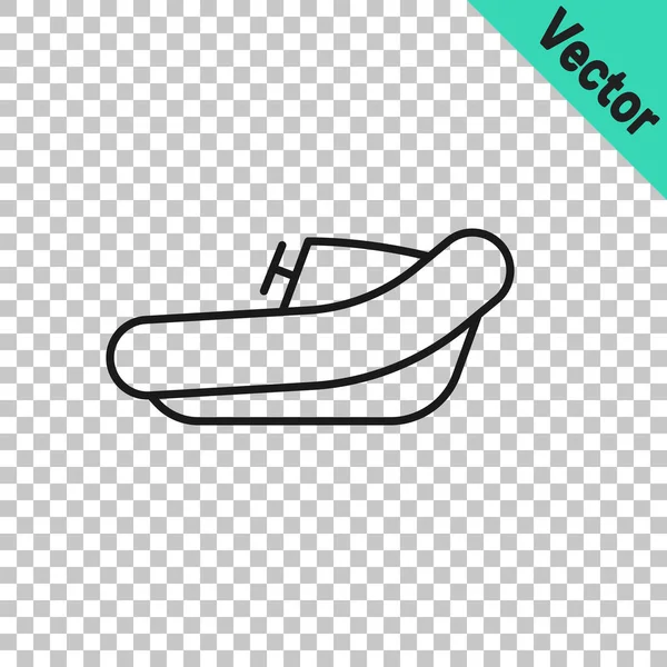 Barco inflable de línea negra con icono de motor fuera de borda aislado sobre fondo transparente. Vector — Vector de stock