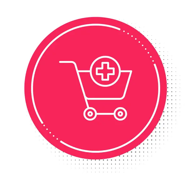 白线添加到购物车图标隔离在白色背景.网上购物的概念。送货服务标志。超级市场篮子的象征.红圈按钮B.病媒 — 图库矢量图片
